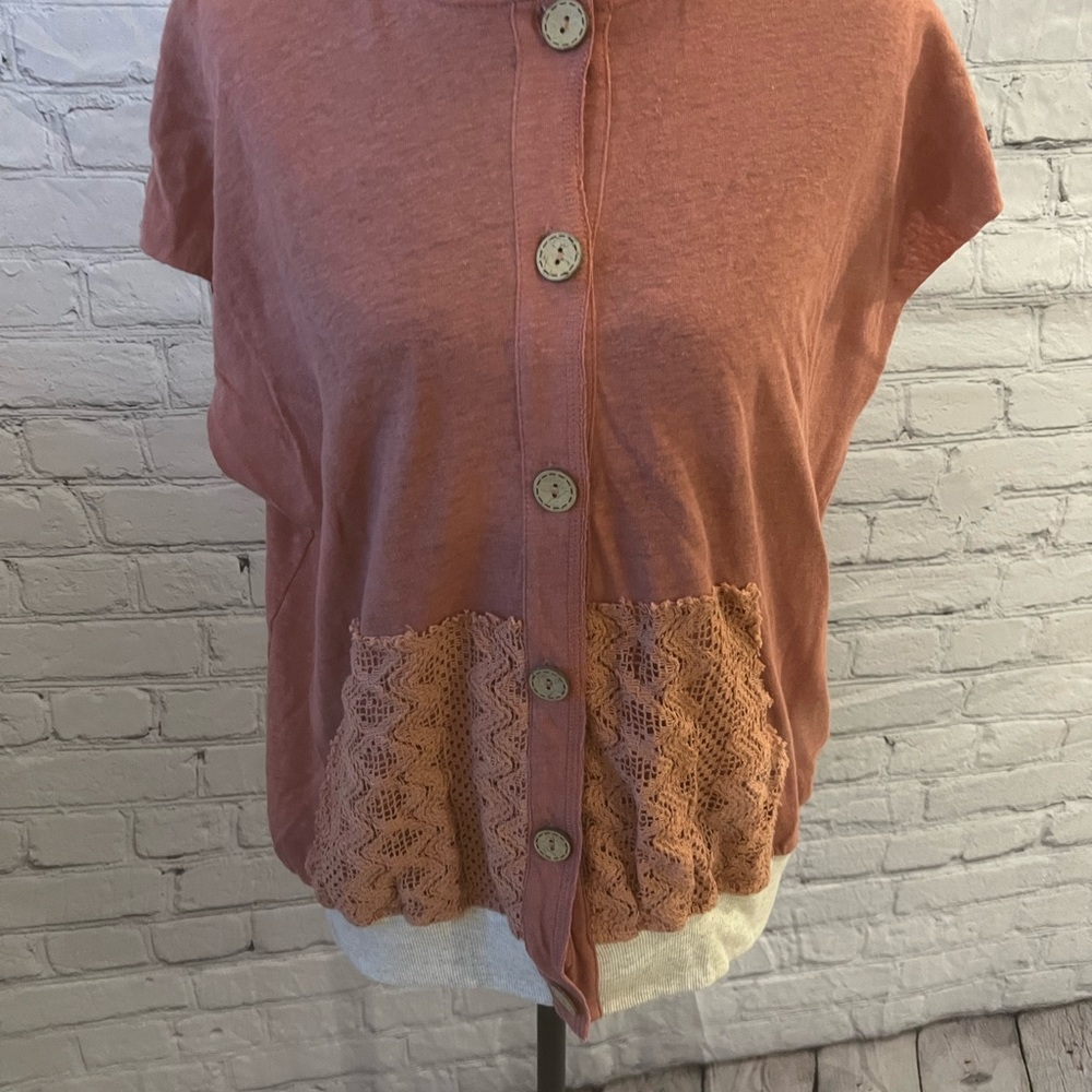 POL Women's Button-Down Shirt in Soft Pink with Lace Accents